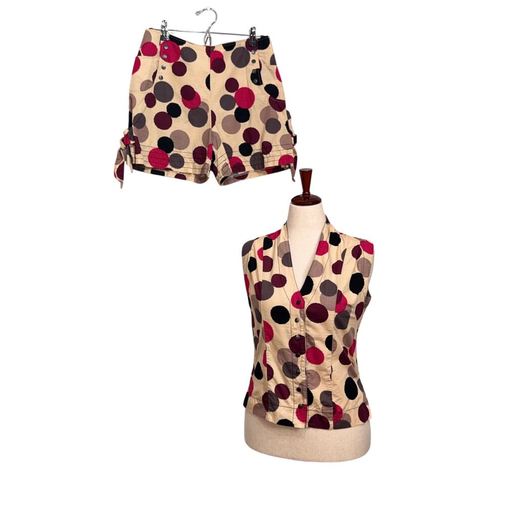 Effie's Heart vest & shorts set tan pink black polka dot retro snaps & ties Sz M